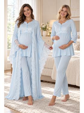Effortt 3015 Mavi Prenses Sabahlıklı Lohusa Pijama Takımı